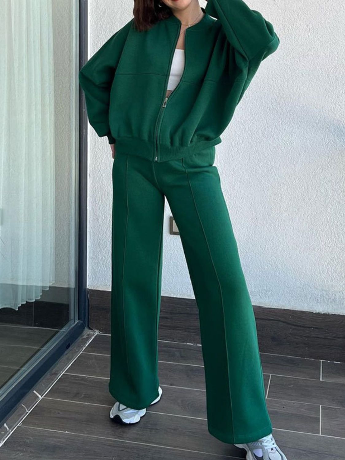 Casual Baseball Collar Zip Top & Drawstring Pants Set