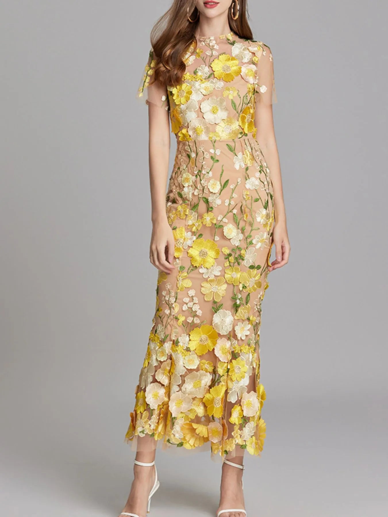 Floral Embroidered Mesh Overlay Maxi Dress