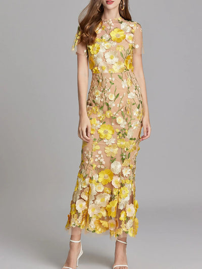 Floral Embroidered Mesh Overlay Maxi Dress