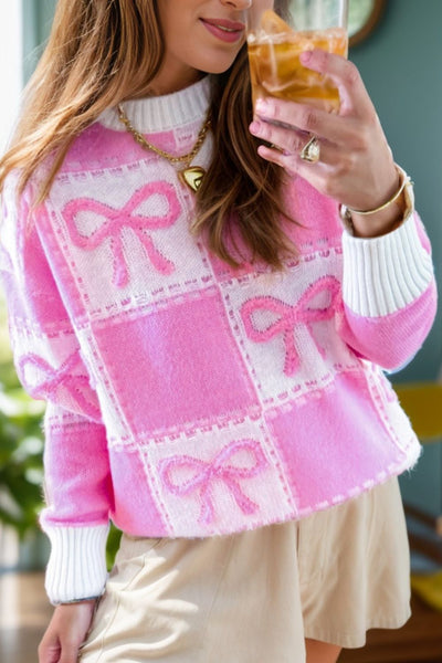 Cozy Soft Pink Bow Round Neck Long Sleeve Sweater