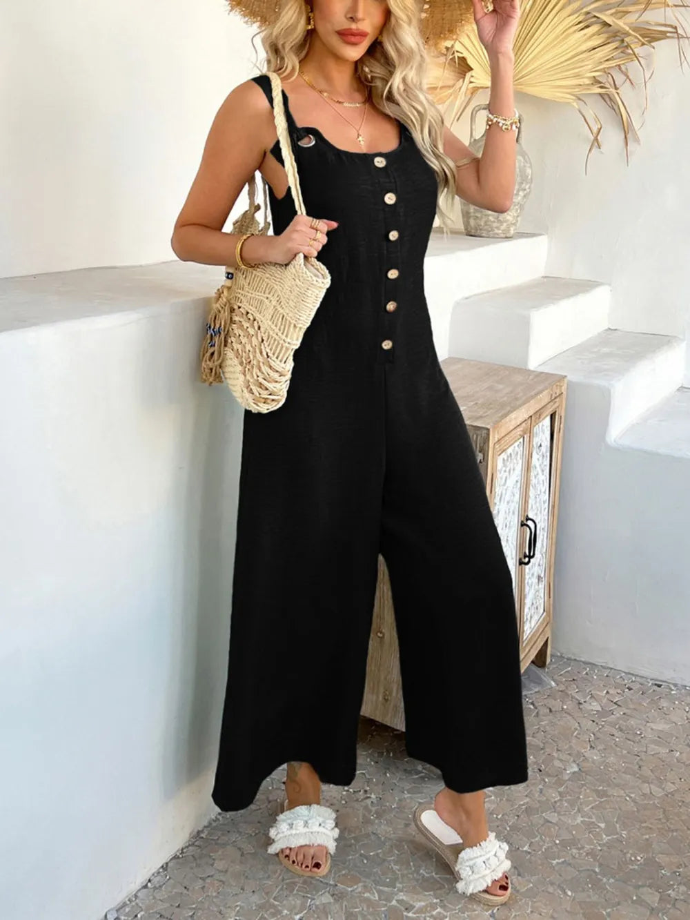 Devine Button Front Knotted Strap Wide Leg Jumpsuit