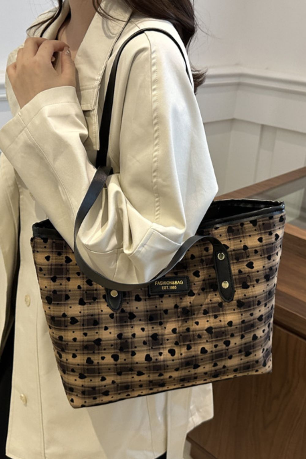 Heart Plaid PU Leather Strap Tote Bag for Stylish Women