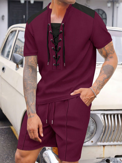 Men's Full Size Lace-Up Waffle Knit Top and Shorts Set Plus Size
