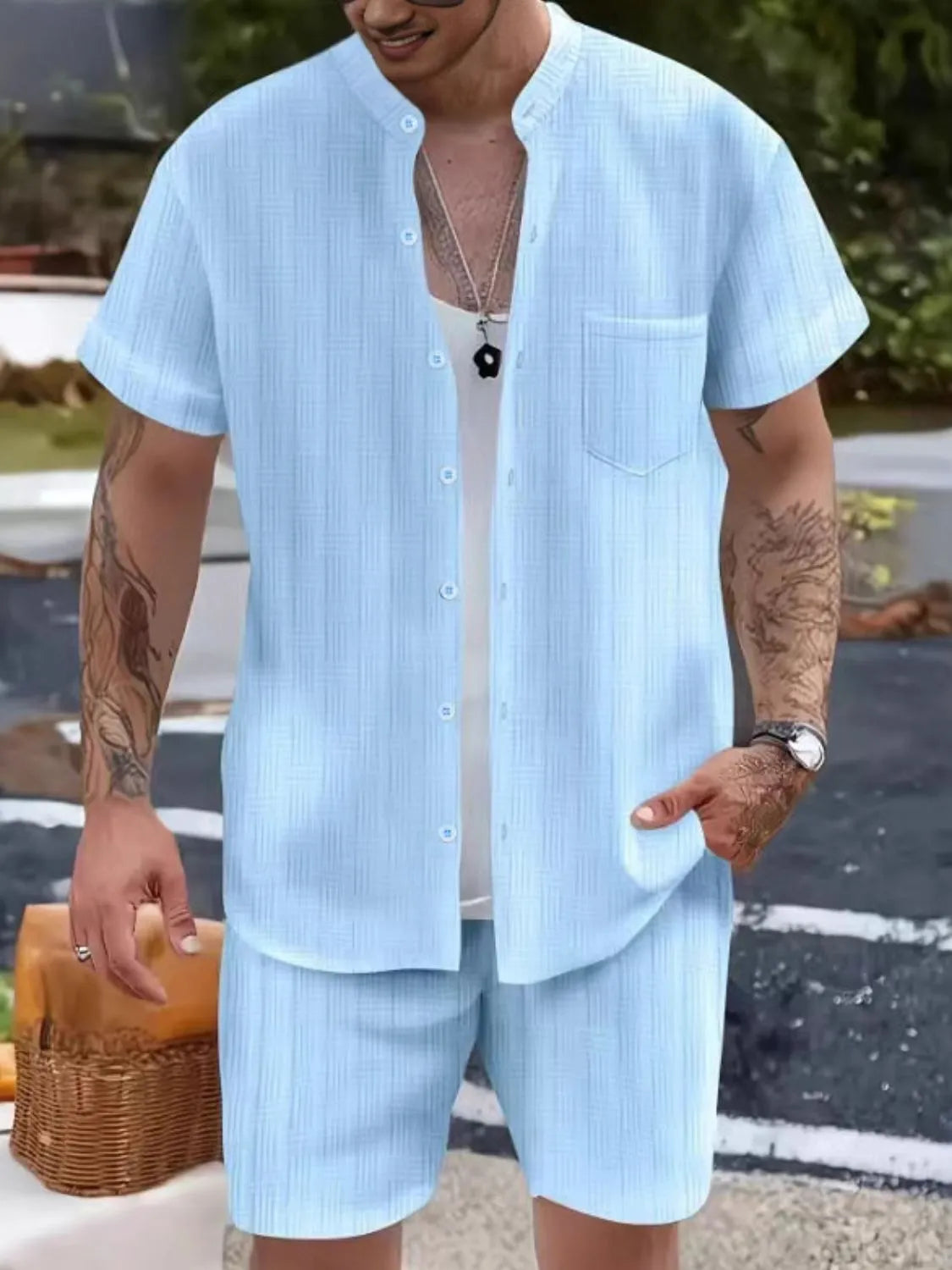 Men's Button Up Short Sleeve Shirt and Shorts Set