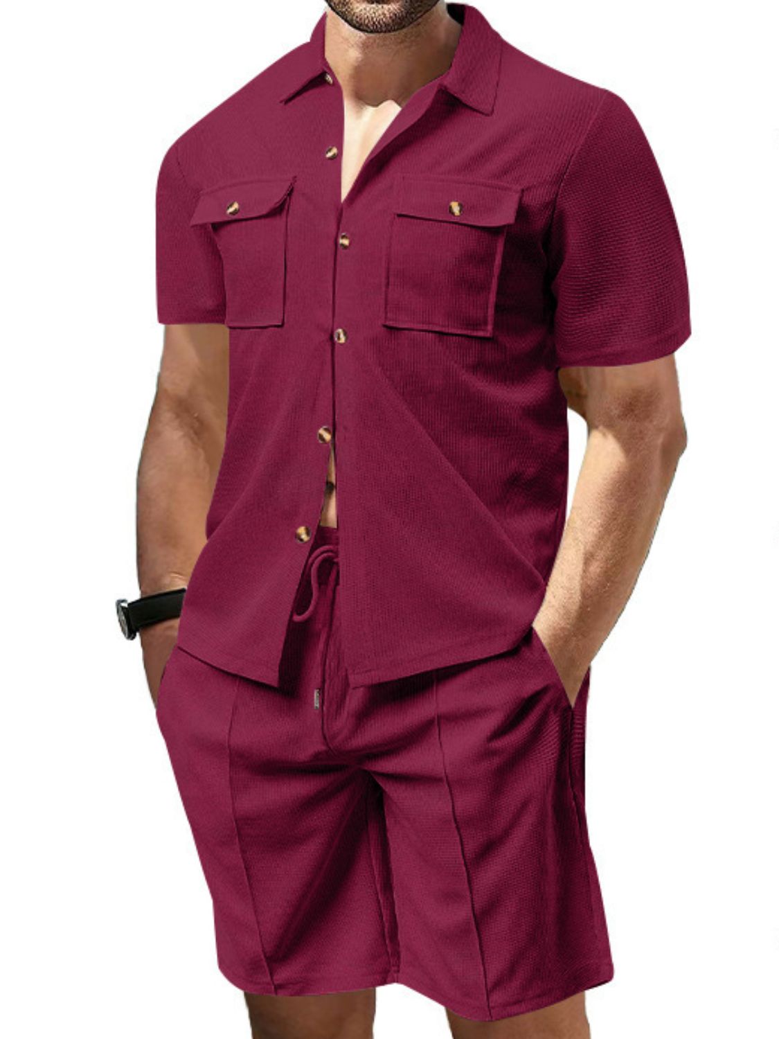 Men's Full Size Button Down Short Sleeve Top and Shorts Set Plus Size for Summer Style