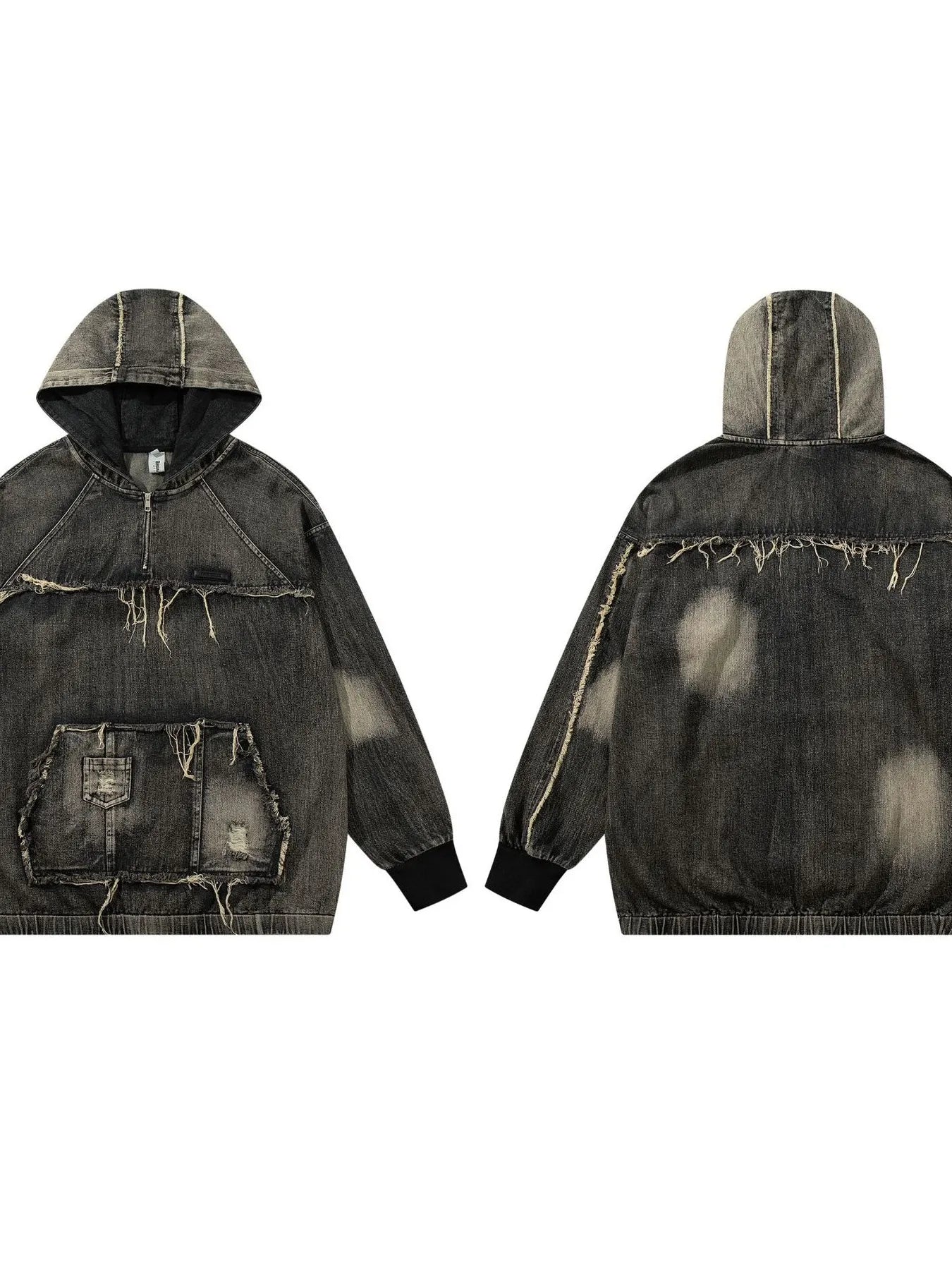 Men's Distressed Denim Patchwork Oversized Hoodie with Frayed Details