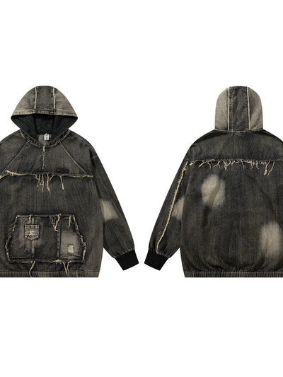 Men's Distressed Denim Patchwork Oversized Hoodie with Frayed Details