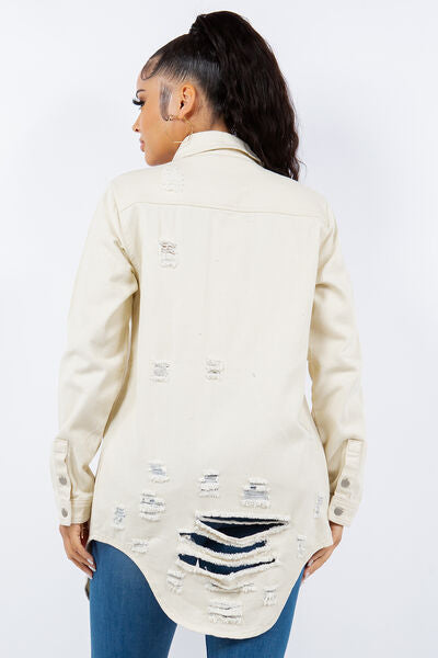 Chic Distressed Denim Jacket - Versatile Button-Up Style