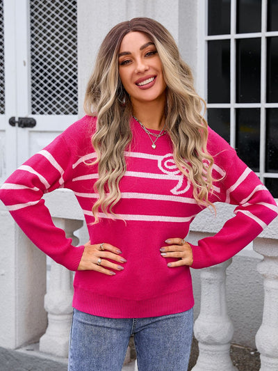 Cozy Angel Wings Striped Sweater with Elegant Round Neck