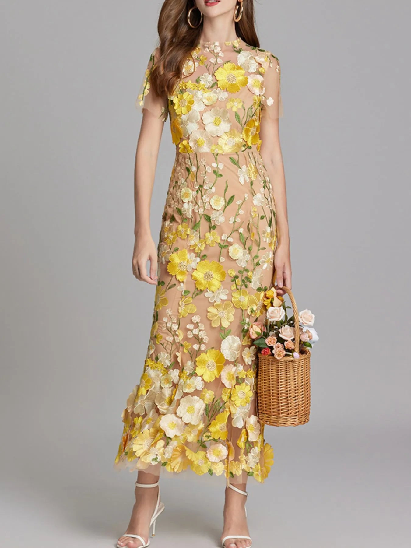 Floral Embroidered Mesh Overlay Maxi Dress