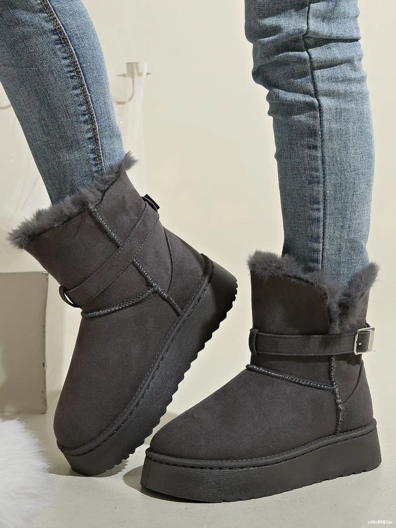 Fur Lining Ankle Boots with Buckle Strap