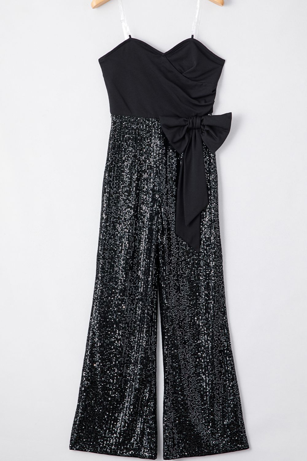 Women's Formal Bow Sequin Jumpsuit with Wide-Leg Design
