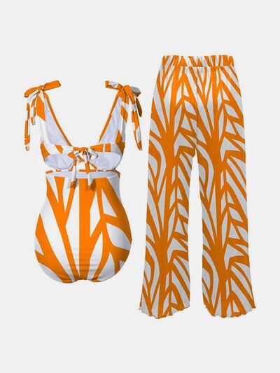 FAM-FAM Printed Tie Shoulder Swimwear and Pants Set