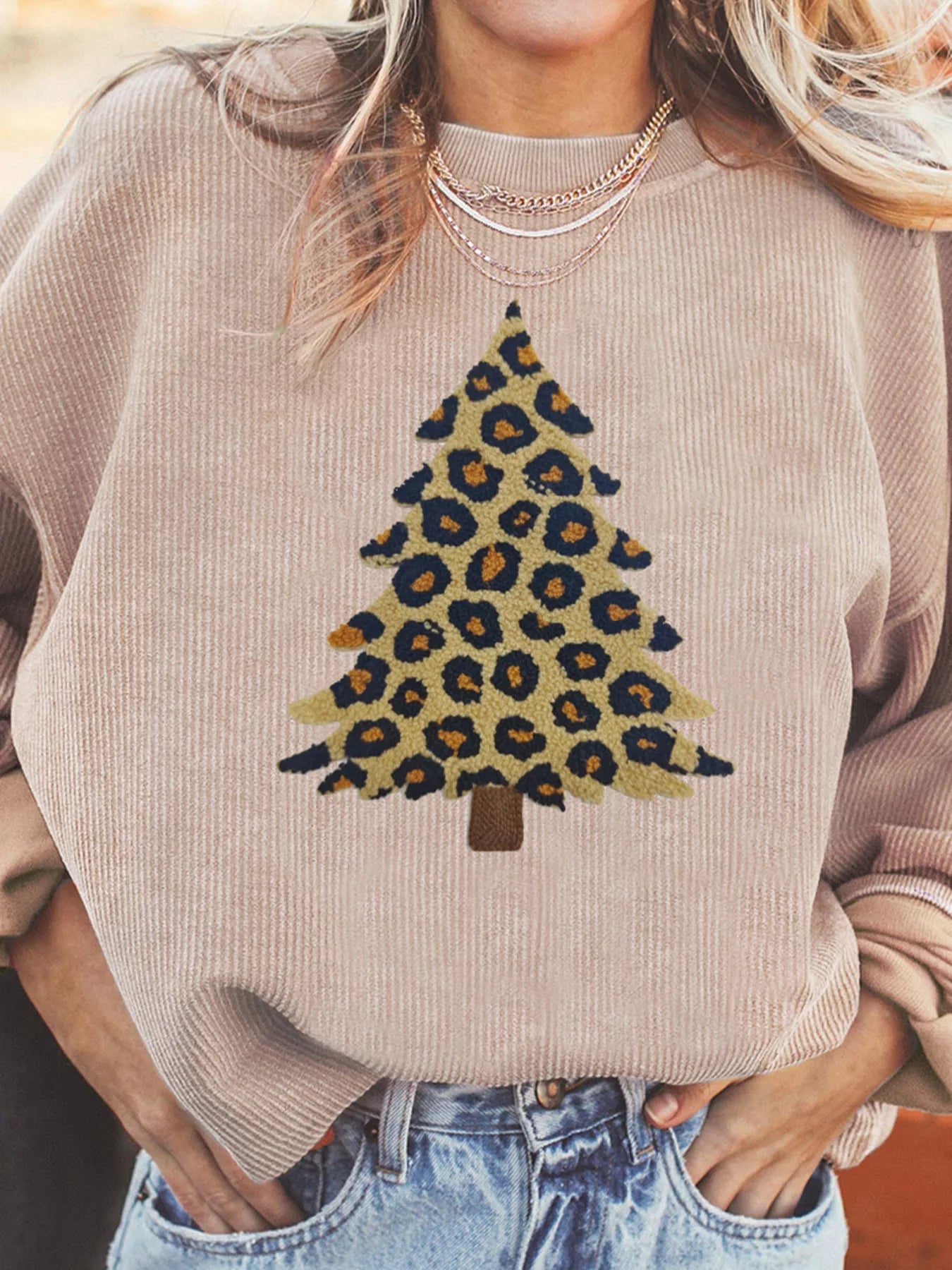 Leopard Christmas Tree Graphic Corded Sweatshirt