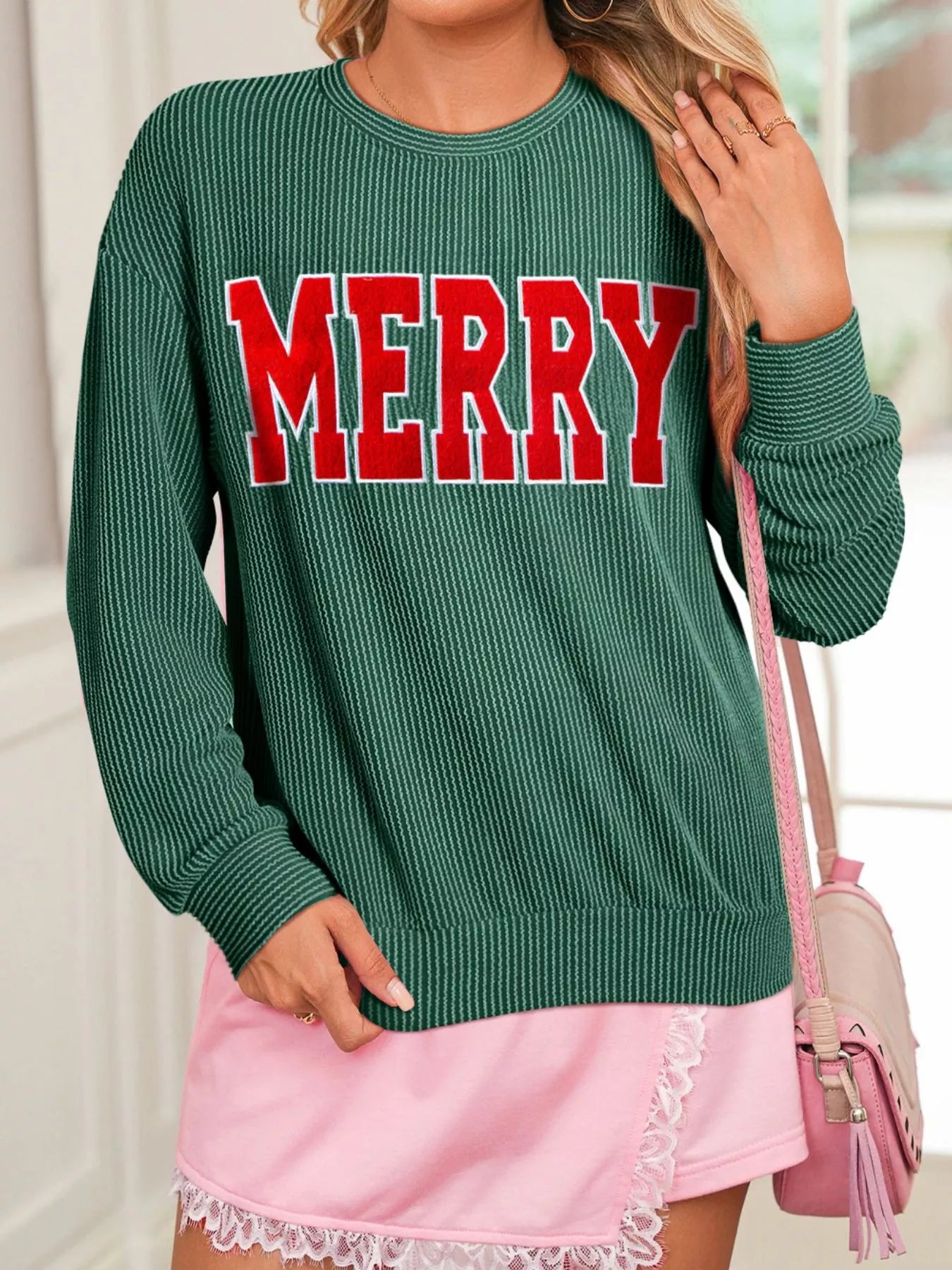 Merry Twisted Rib Christmas Loose Long Sleeve Top