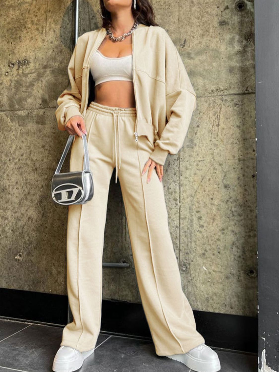 Casual Baseball Collar Zip Top & Drawstring Pants Set