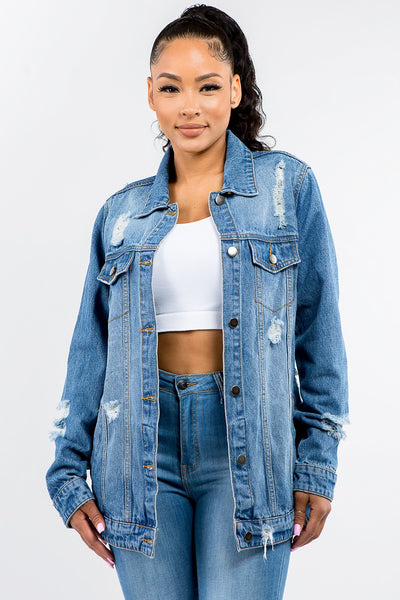 Vintage Distressed Denim Jacket with Full Button Closure