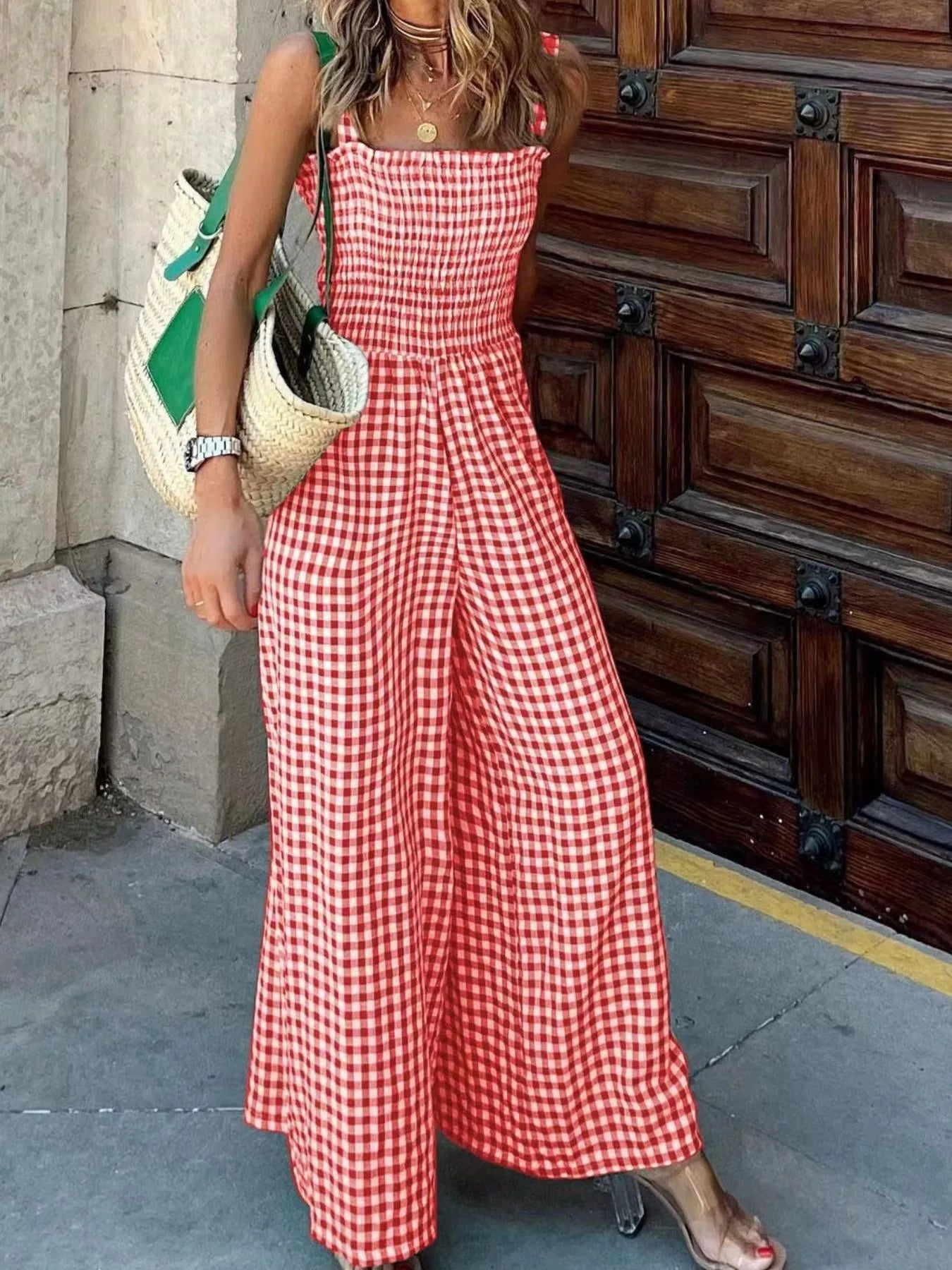 Gingham Smocked Wide-Leg Jumpsuit