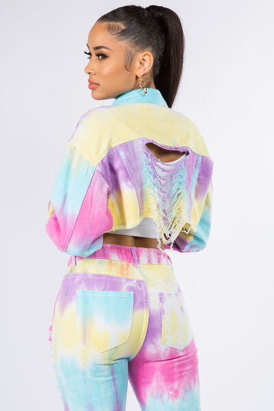Vibrant Tie-Dye Cropped Denim Jacket with Distressed Back