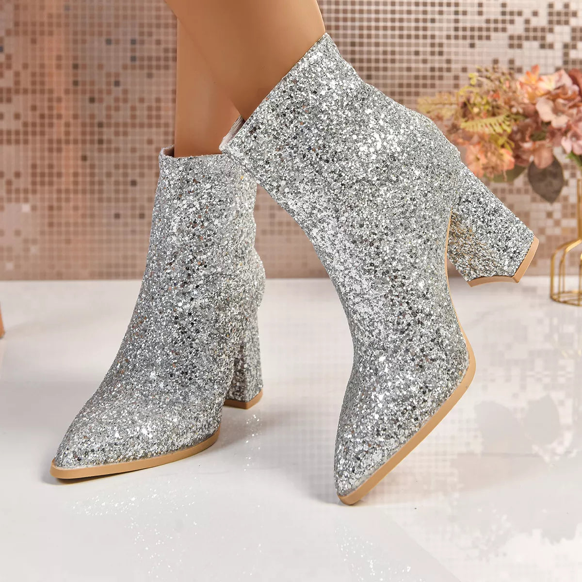 Sequin Point Toe Block Heels Boots