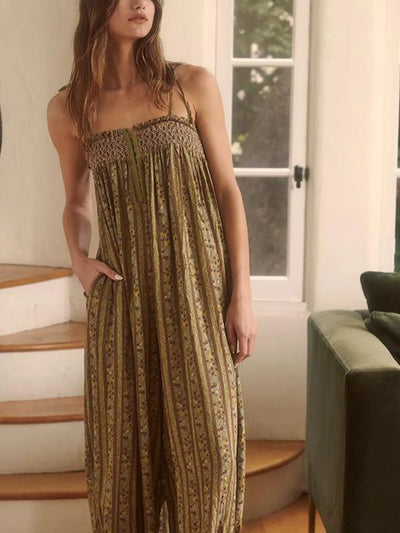 Smocked Tie Shoulder Jumpsuit