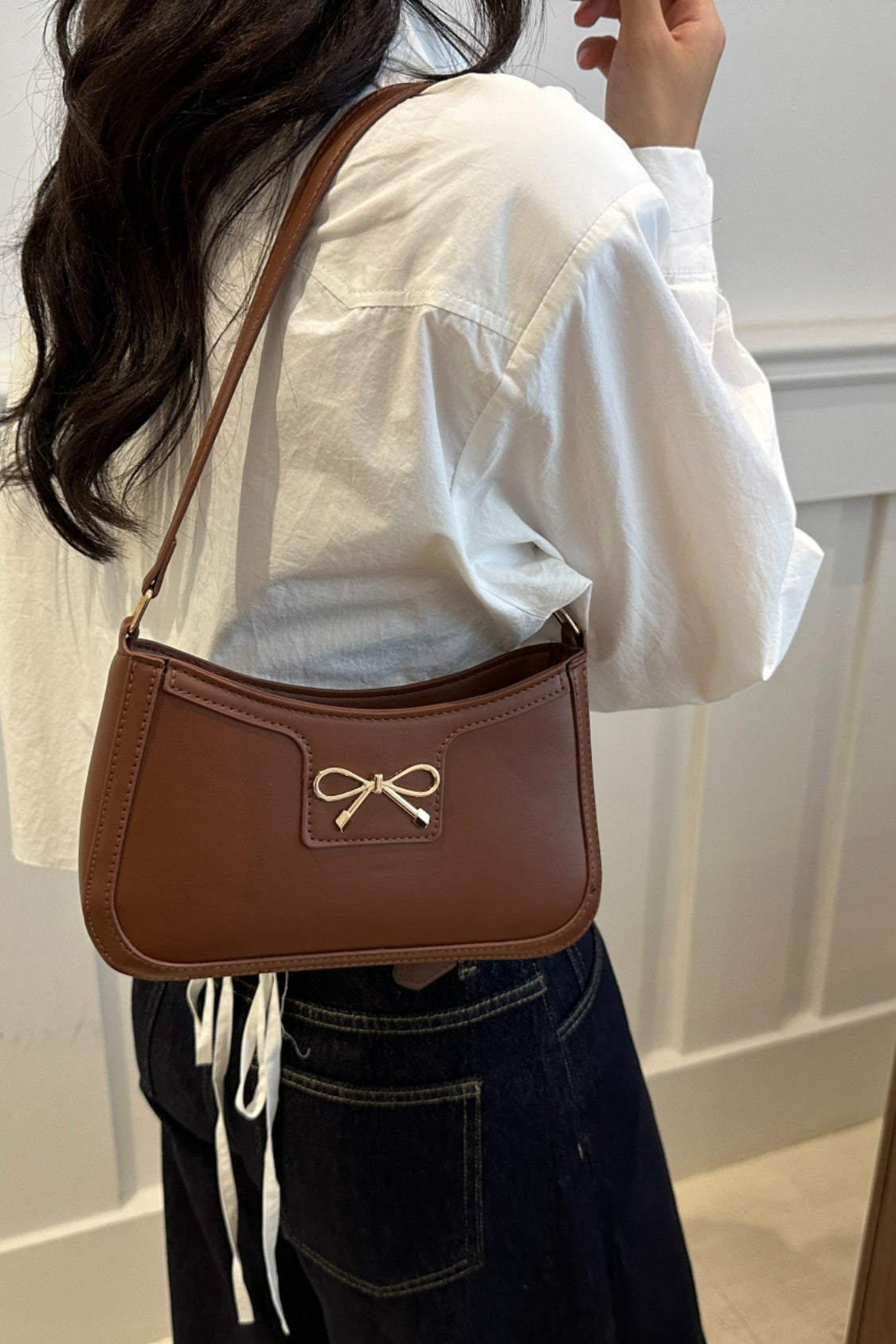 Trendy Bow Trim PU Leather Shoulder Bag in Rich Brown
