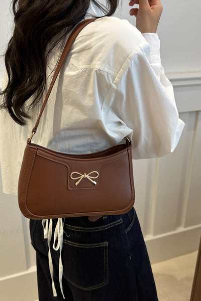 Trendy Bow Trim PU Leather Shoulder Bag in Rich Brown