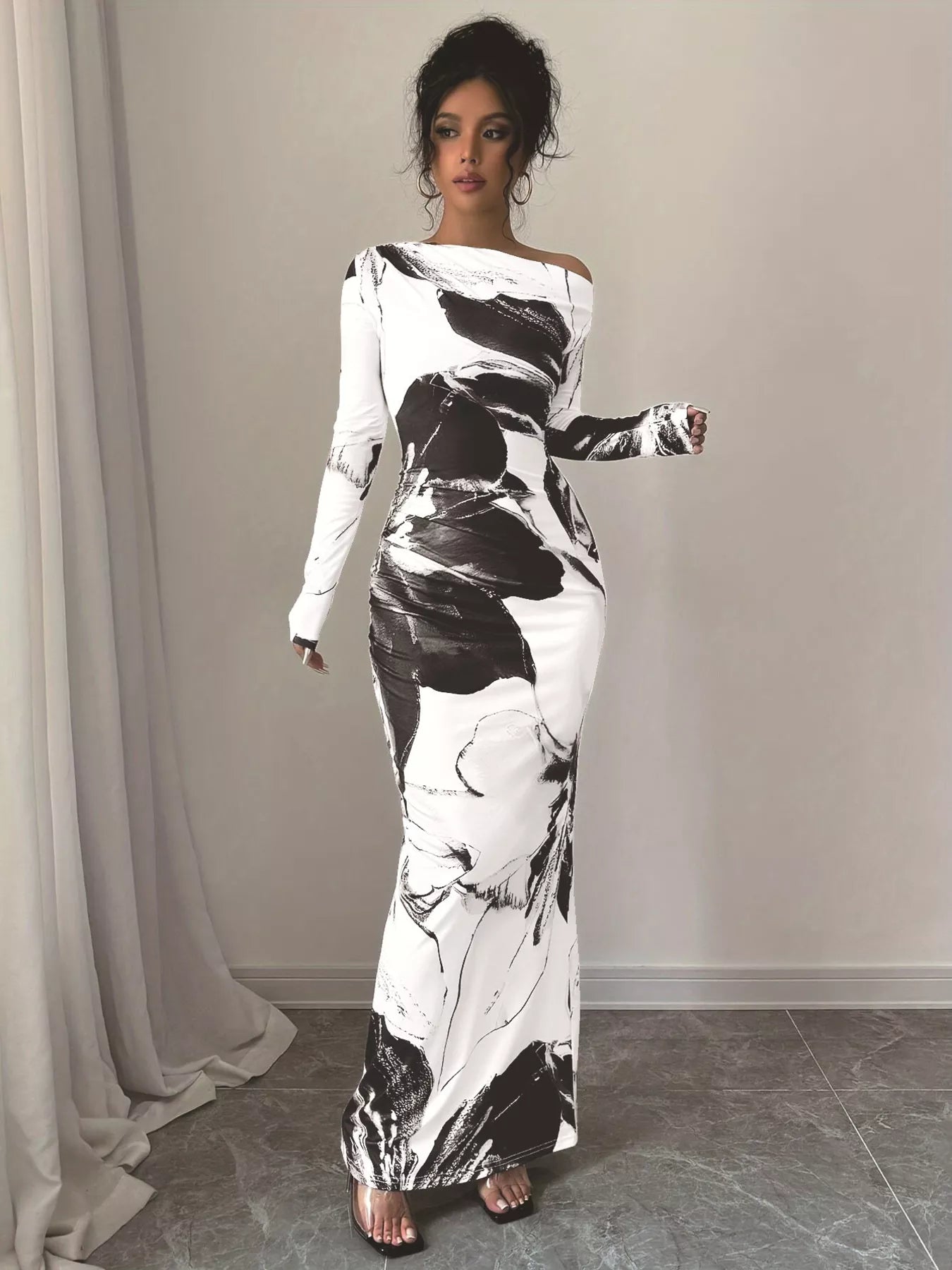 Floral One Shoulder Long Sleeve Maxi Dress
