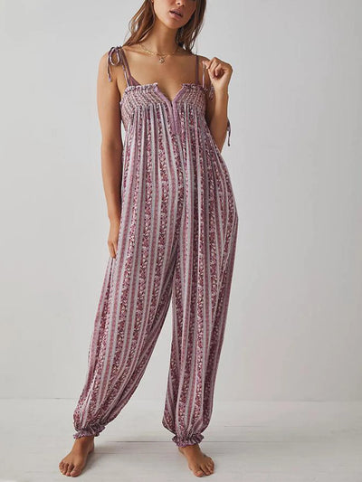 Smocked Tie Shoulder Jumpsuit