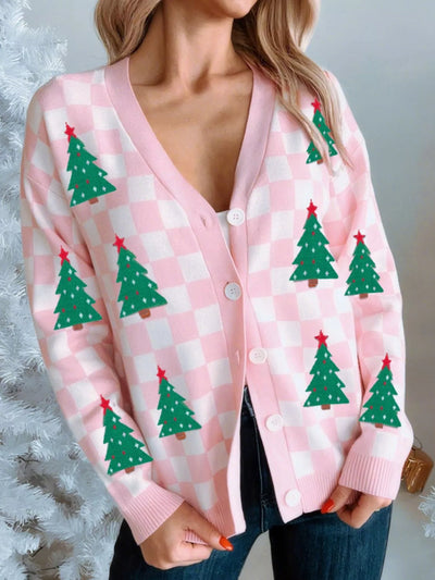 Christmas Tree Pattern Checkered Button V Neck Cardigan