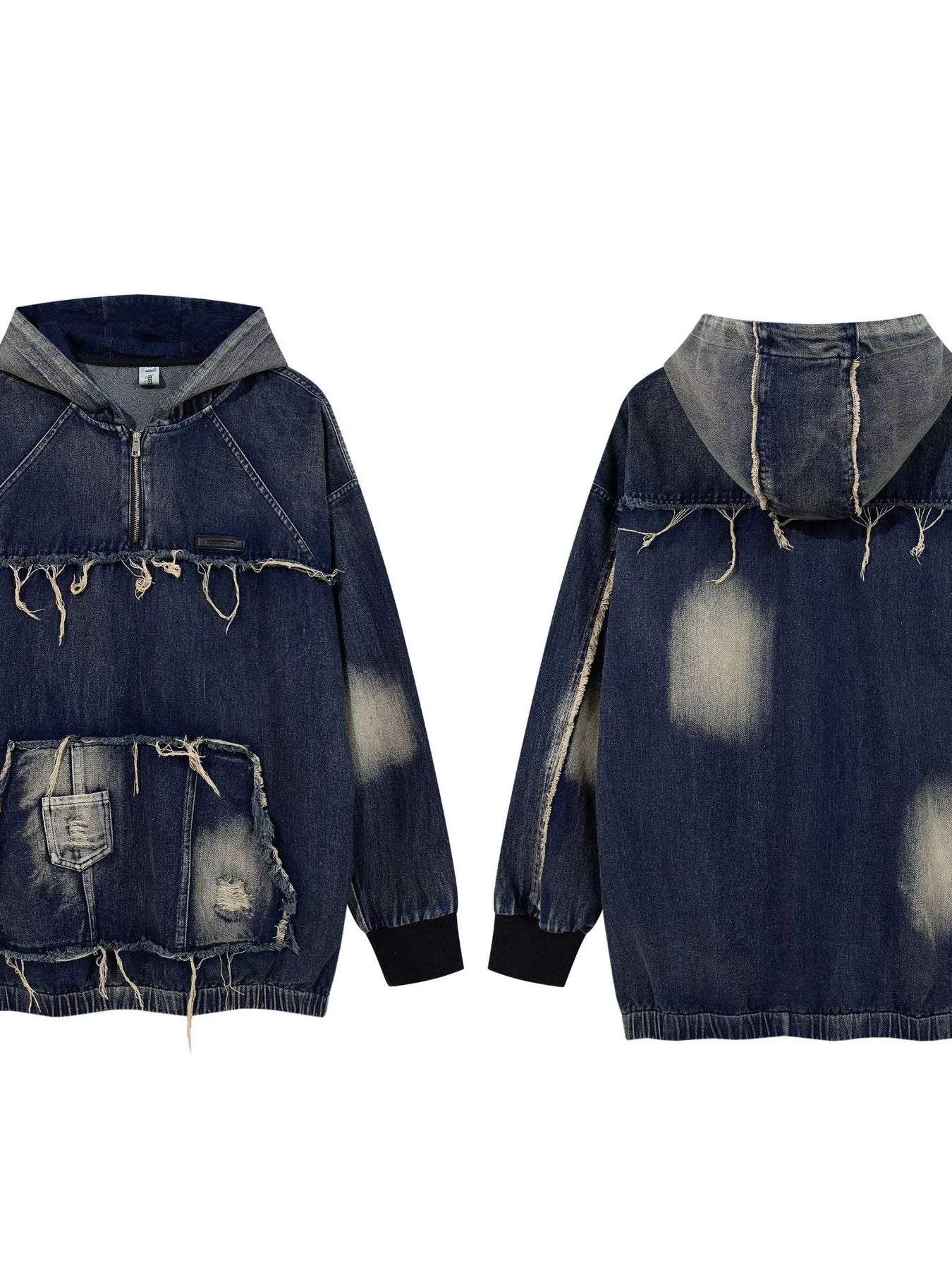 Men's Distressed Denim Patchwork Oversized Hoodie with Frayed Details