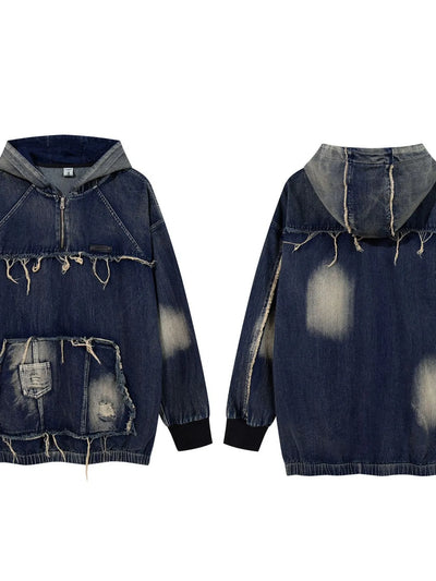 Men's Distressed Denim Patchwork Oversized Hoodie with Frayed Details