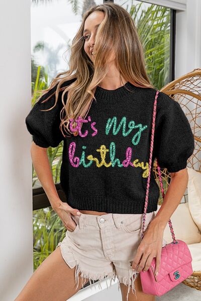 Cozy BiBi Metallic Letter Puff Sleeve Hairy Sweater