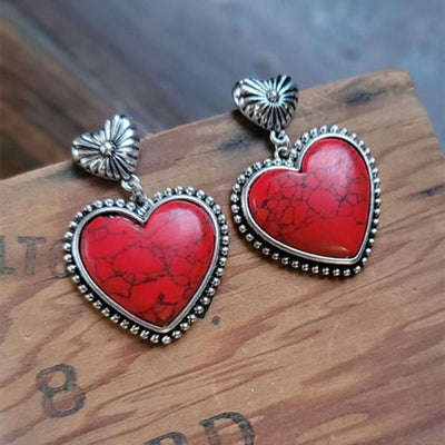 Trendy Turquoise Heart Dangle Earrings with Vintage Charm