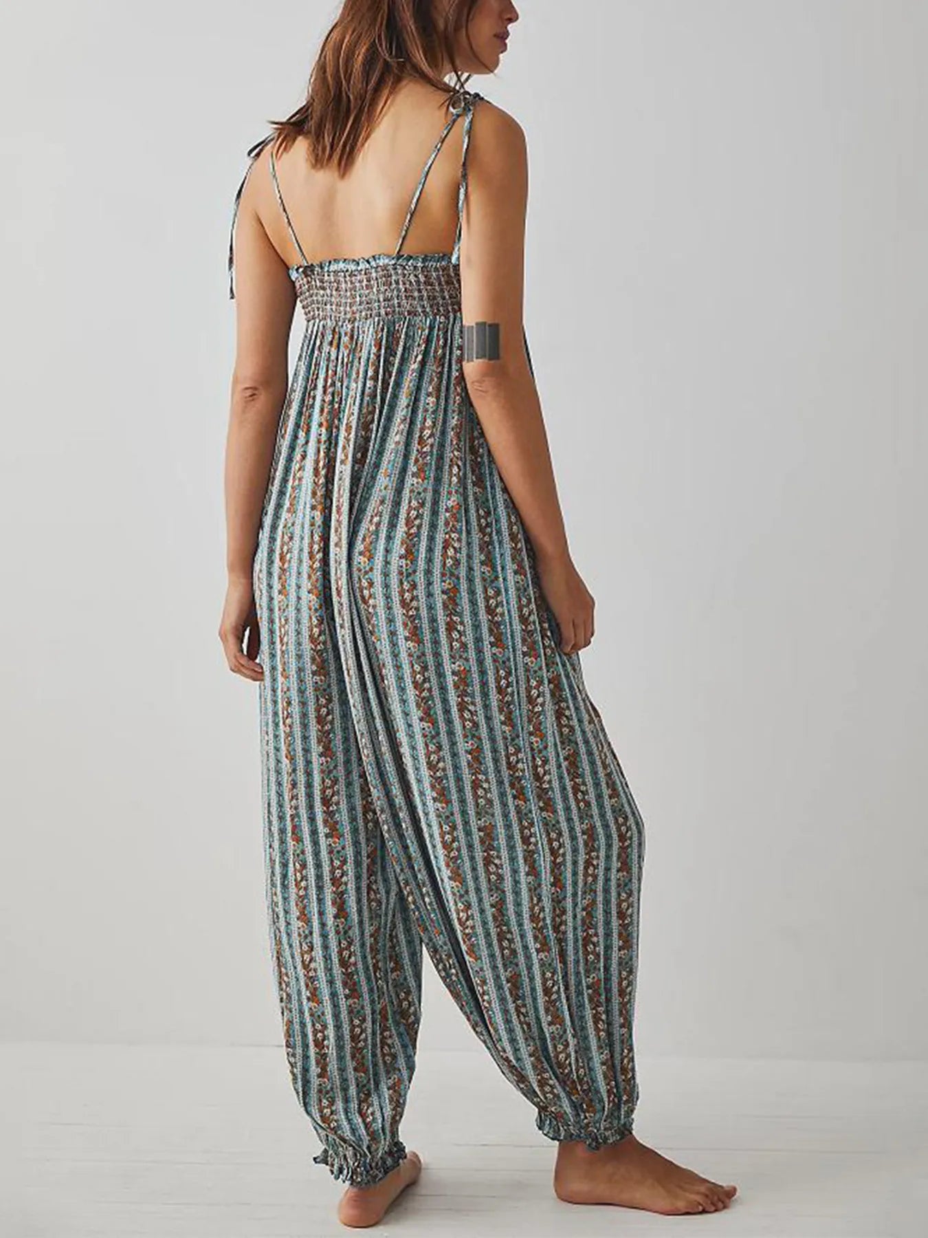 Smocked Tie Shoulder Jumpsuit