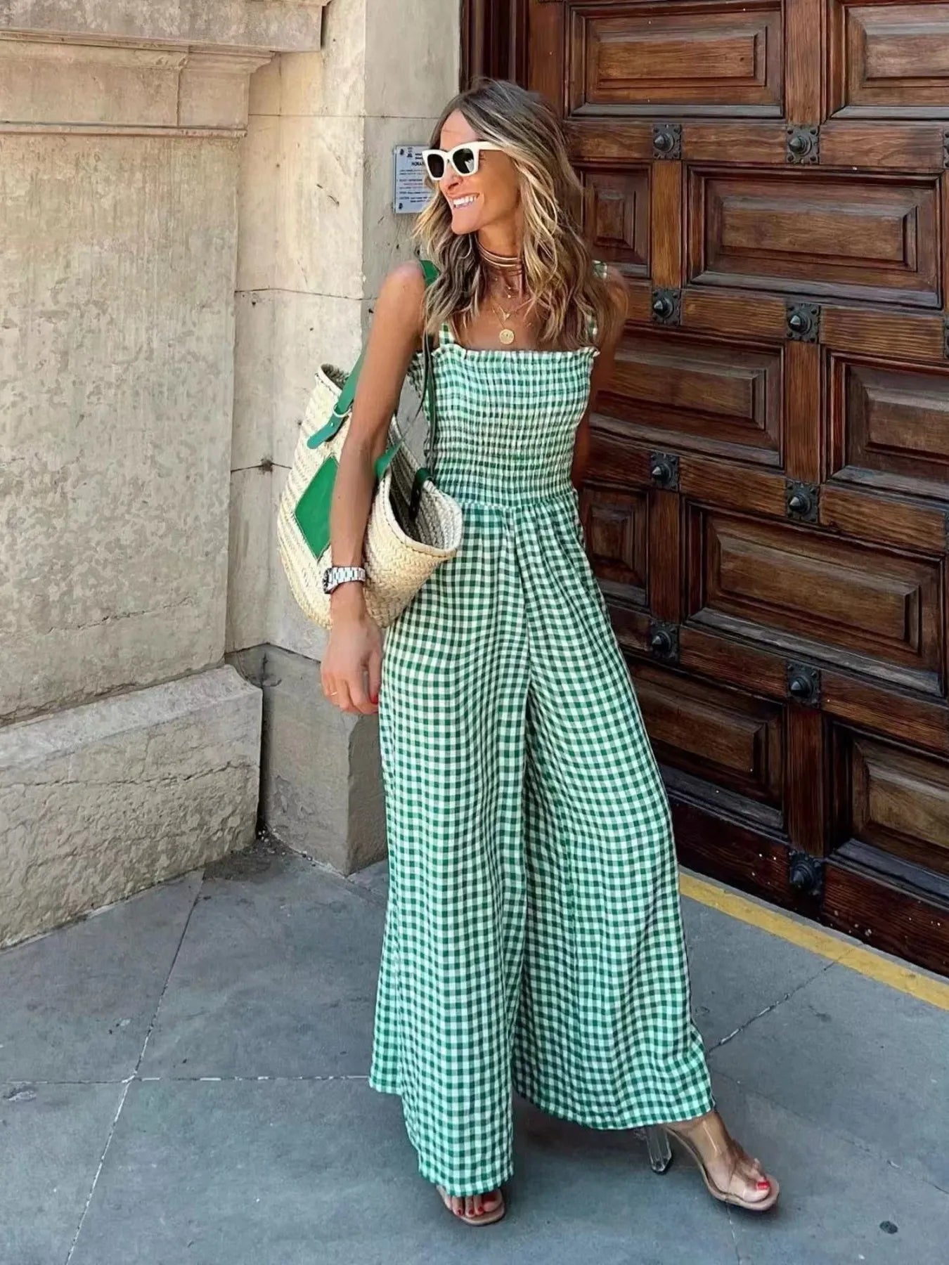 Gingham Smocked Wide-Leg Jumpsuit