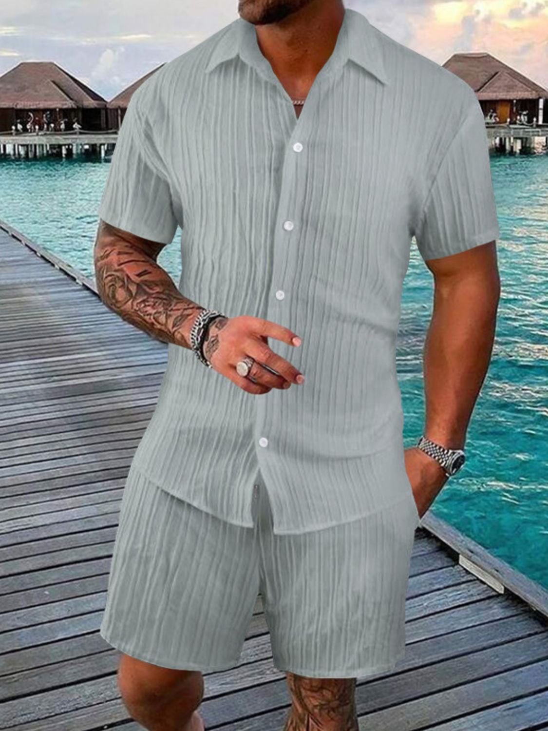 Men's Full Size Button Down Short Sleeve Shirt and Shorts Set Plus Size for Summer Style