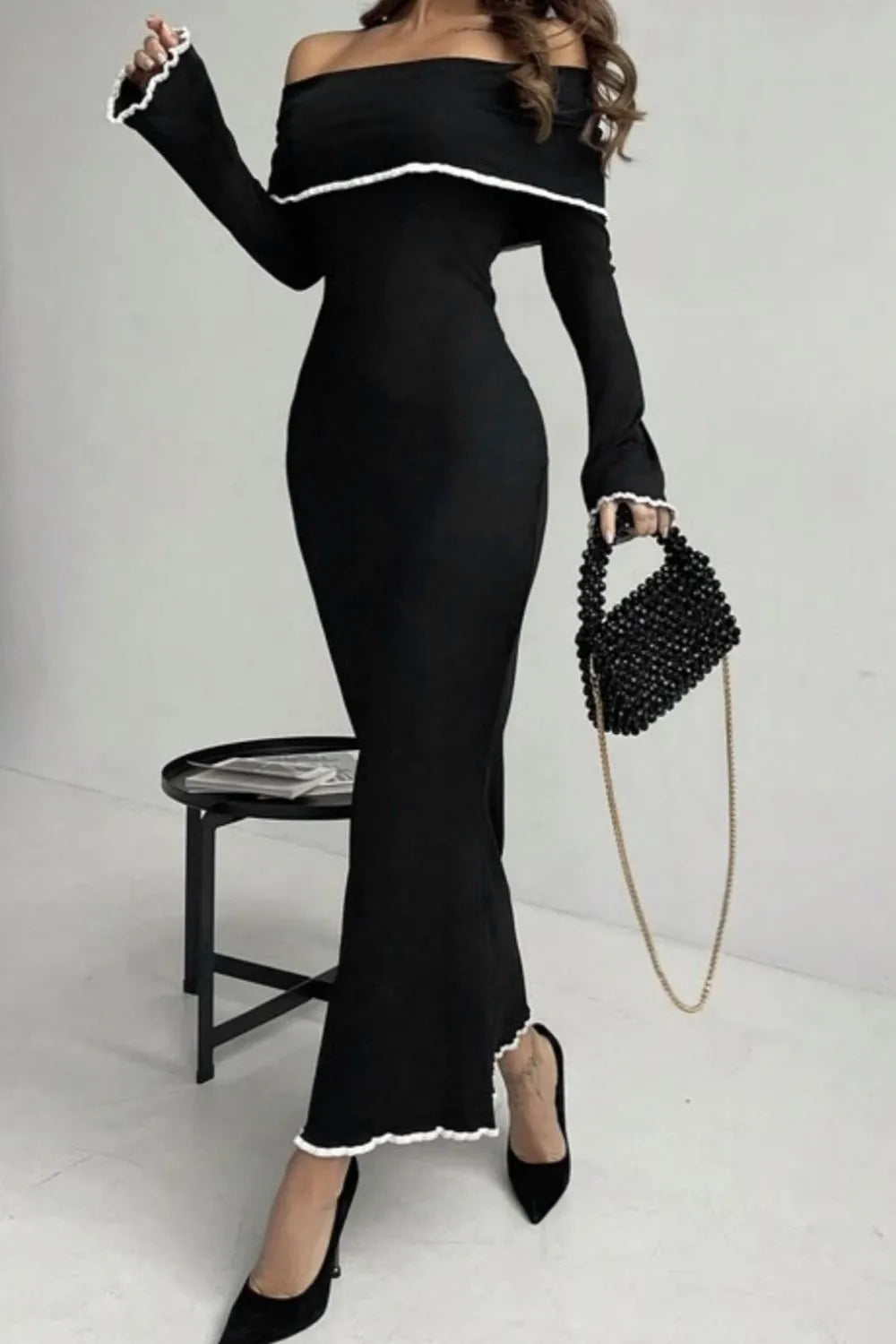 Contrast Trim Off-Shoulder Long Sleeve Maxi Sweater Dress