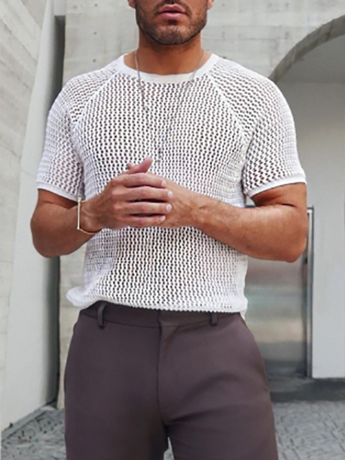 Men's Openwork Round Neck Short Sleeve T-Shirt for Style