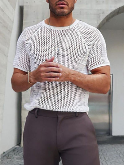 Men's Openwork Round Neck Short Sleeve T-Shirt for Style