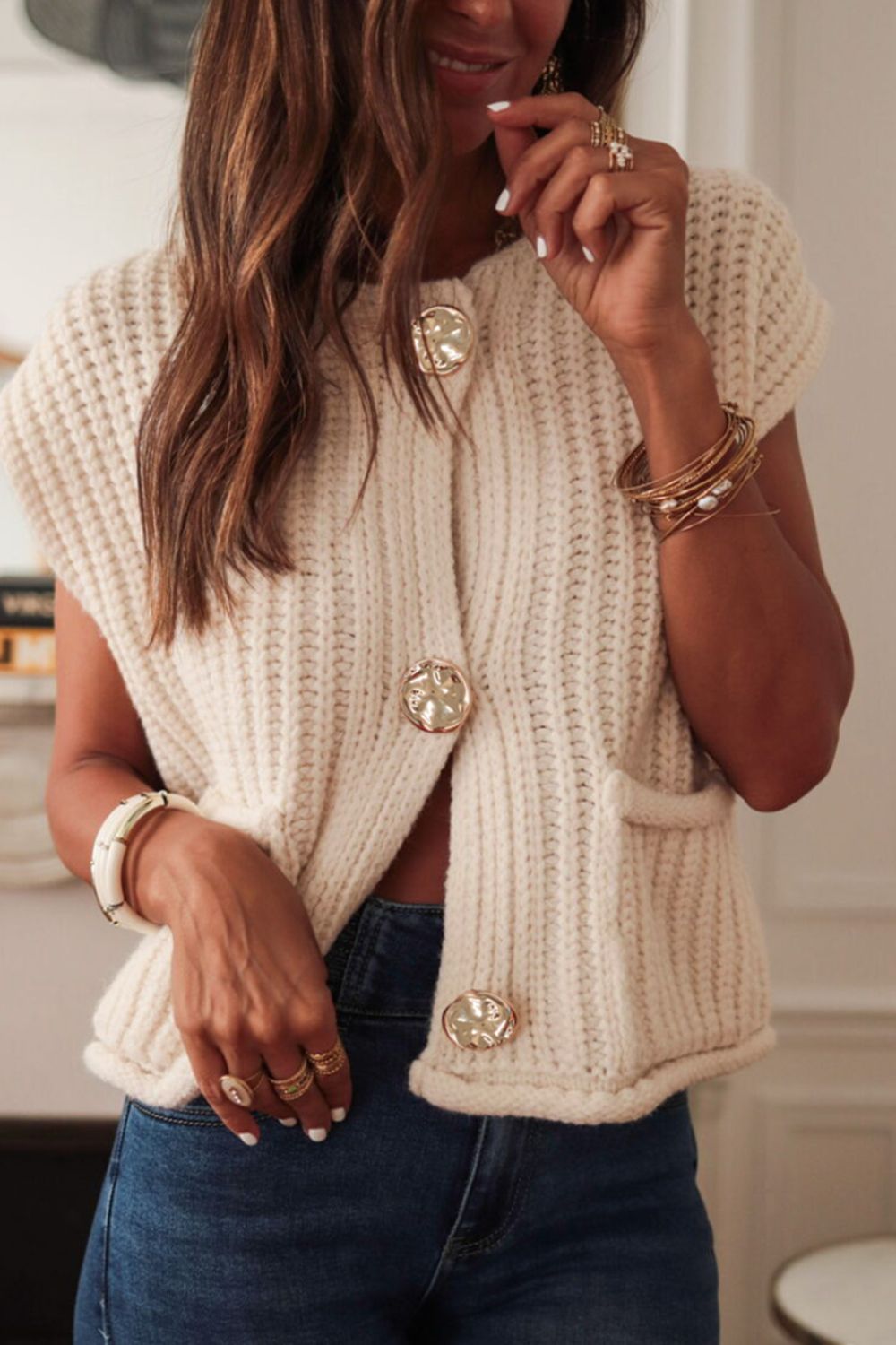Casual Chunky Knit Button Down Acrylic Sweater Vest