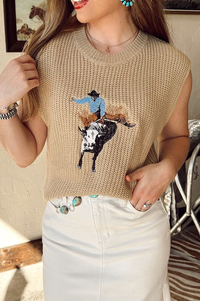 Western Cowboy Embroidery Round Neck Sleeveless Sweater