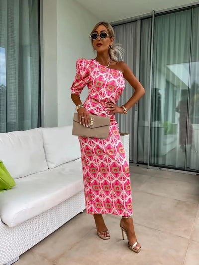 Slit Printed Single Shoulder Midi Dress