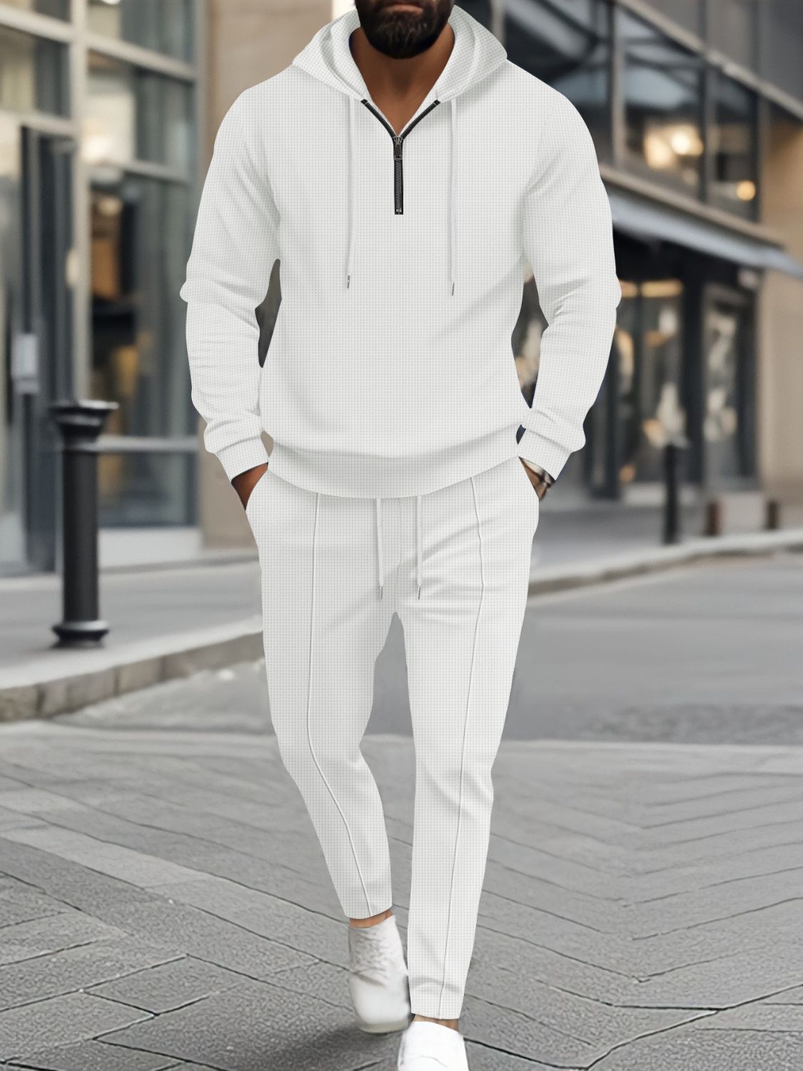 Men's Full Size Waffle-Knit Half Zipper Hoodie and Pants Set Plus Size for Comfort