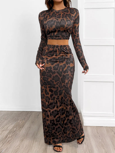 Leopard Round Neck Top and Skirt Set