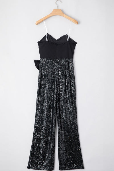Women's Formal Bow Sequin Jumpsuit with Wide-Leg Design