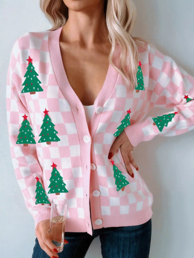 Christmas Tree Pattern Checkered Button V Neck Cardigan