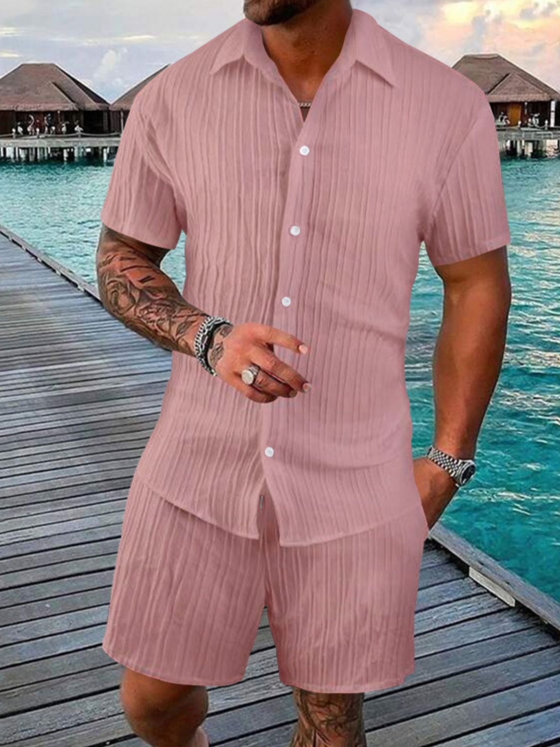 Men's Full Size Button Down Short Sleeve Shirt and Shorts Set Plus Size for Summer Style