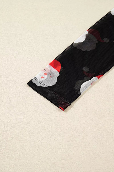 Christmas Santa Print Mesh Long Sleeve Top