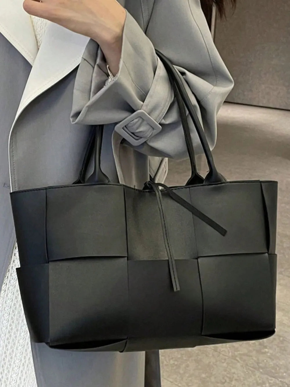 PU Leather Woven Handbag and Clutch Set